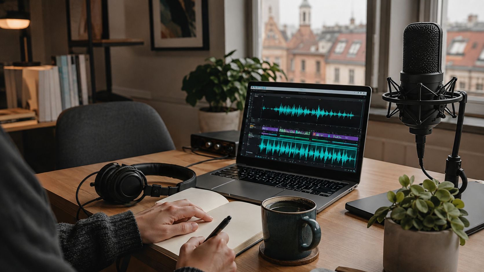 Redakteurin erstellt Podcast-Show-Notes an einem professionellen Audio-Arbeitsplatz